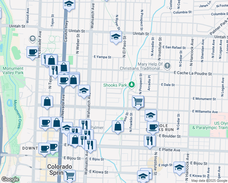 map of restaurants, bars, coffee shops, grocery stores, and more near 623 Maple Street in Colorado Springs