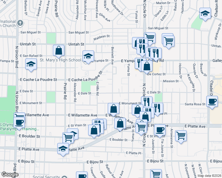 map of restaurants, bars, coffee shops, grocery stores, and more near 808 Bennett Avenue in Colorado Springs