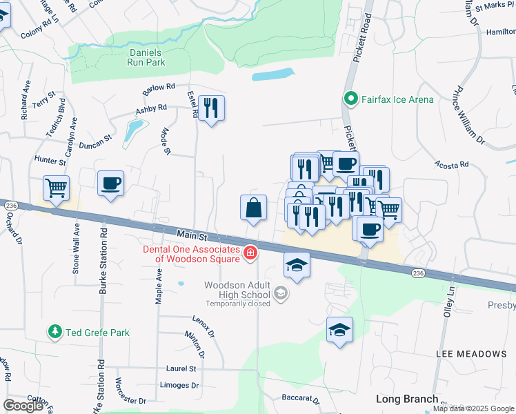 map of restaurants, bars, coffee shops, grocery stores, and more near 3942 Wilcoxson Drive in Fairfax