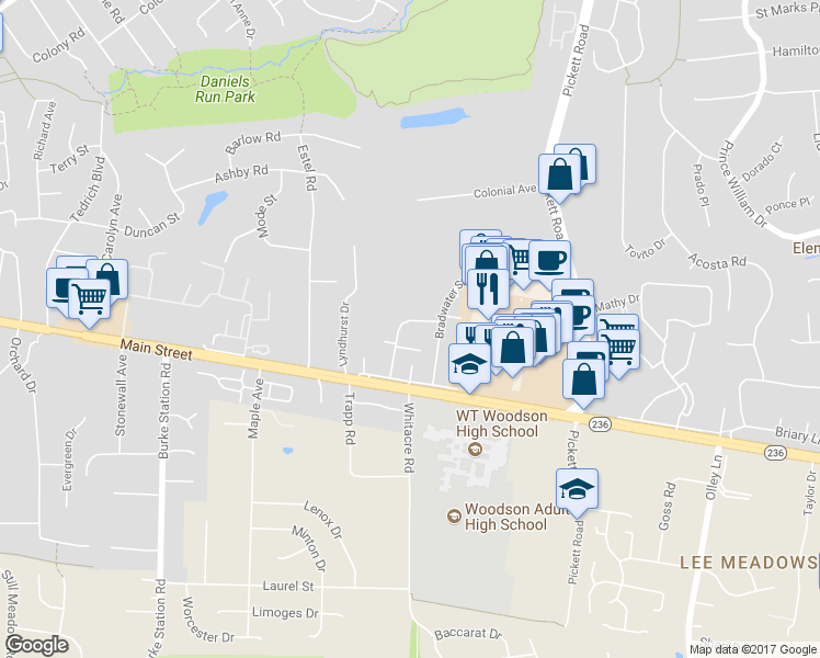 map of restaurants, bars, coffee shops, grocery stores, and more near 3942 Wilcoxson Drive in Fairfax