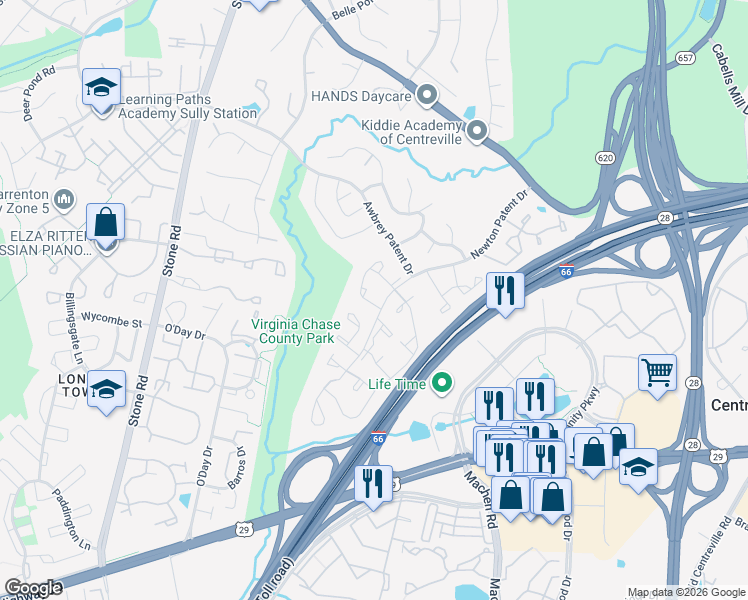 map of restaurants, bars, coffee shops, grocery stores, and more near 14517 Black Horse Court in Centreville