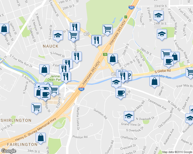 map of restaurants, bars, coffee shops, grocery stores, and more near 2618 27th Road South in Arlington