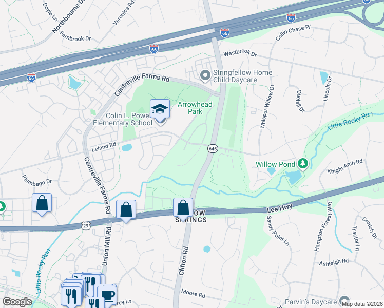 map of restaurants, bars, coffee shops, grocery stores, and more near 5306 Poplar Valley Court in Centreville