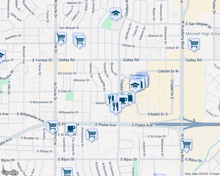 map of restaurants, bars, coffee shops, grocery stores, and more near 809 Querida Drive in Colorado Springs