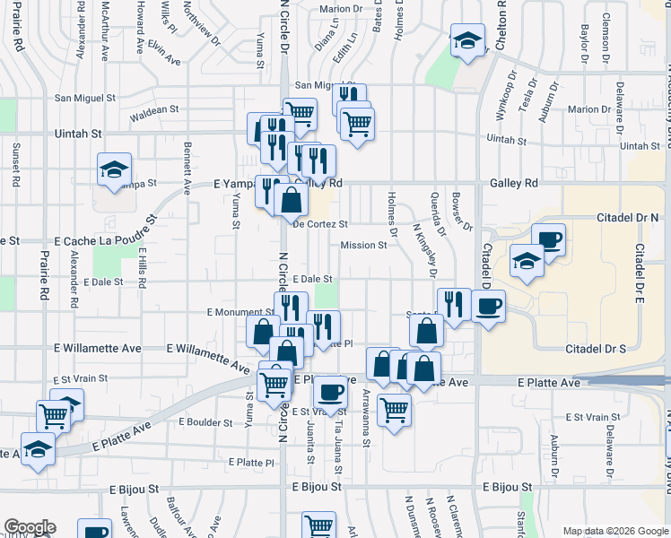 map of restaurants, bars, coffee shops, grocery stores, and more near 805 Tia Juana Street in Colorado Springs