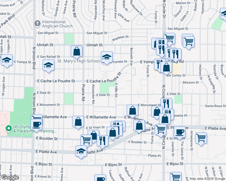 map of restaurants, bars, coffee shops, grocery stores, and more near 2501 Jobar Court in Colorado Springs