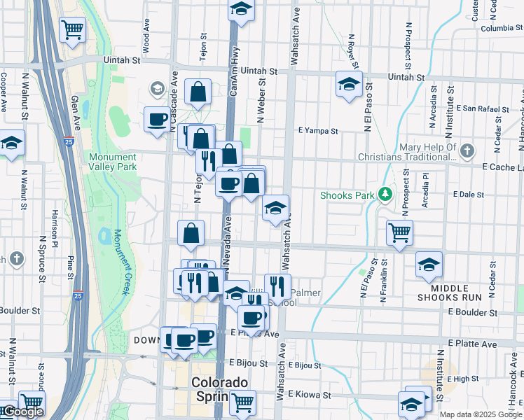 map of restaurants, bars, coffee shops, grocery stores, and more near 314 East Monument Street in Colorado Springs