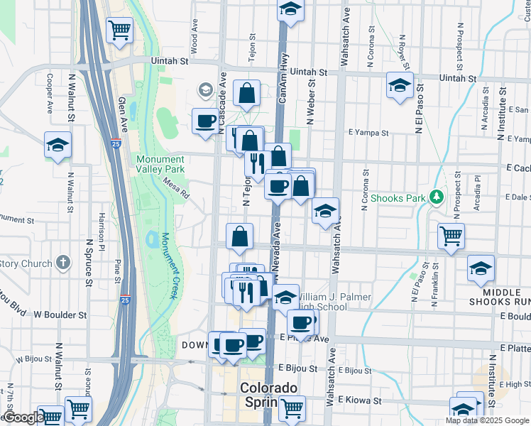map of restaurants, bars, coffee shops, grocery stores, and more near 130 East Monument Street in Colorado Springs