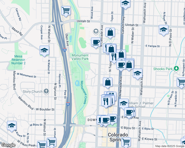 map of restaurants, bars, coffee shops, grocery stores, and more near 10 West Monument Street in Colorado Springs