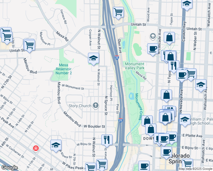 map of restaurants, bars, coffee shops, grocery stores, and more near 738 Harrison Place in Colorado Springs