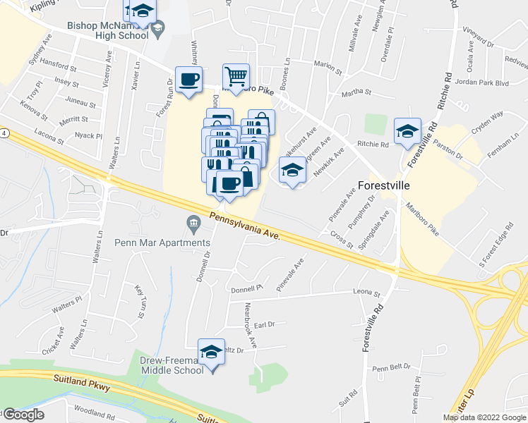 map of restaurants, bars, coffee shops, grocery stores, and more near 101 Independence Avenue Southeast in Washington