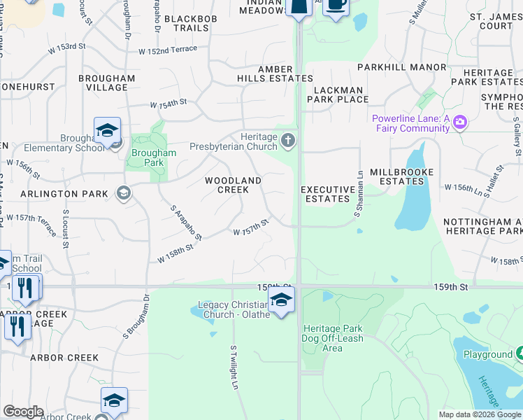 map of restaurants, bars, coffee shops, grocery stores, and more near 15136 West 157th Terrace in Olathe