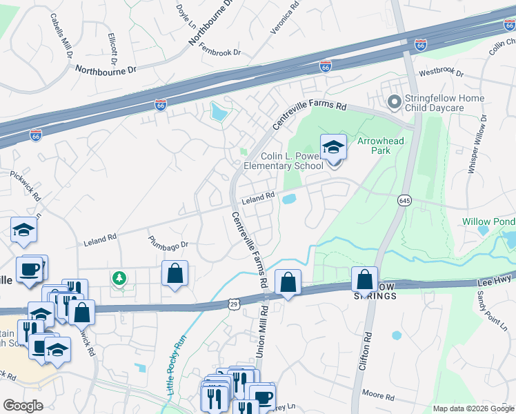 map of restaurants, bars, coffee shops, grocery stores, and more near 5459 Serviceberry Street in Centreville