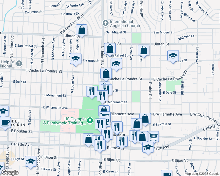 map of restaurants, bars, coffee shops, grocery stores, and more near 802 Bonfoy Avenue in Colorado Springs