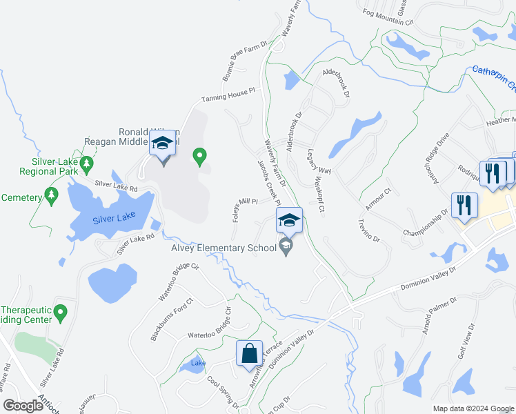 map of restaurants, bars, coffee shops, grocery stores, and more near 15717 Foleys Mill Place in Haymarket