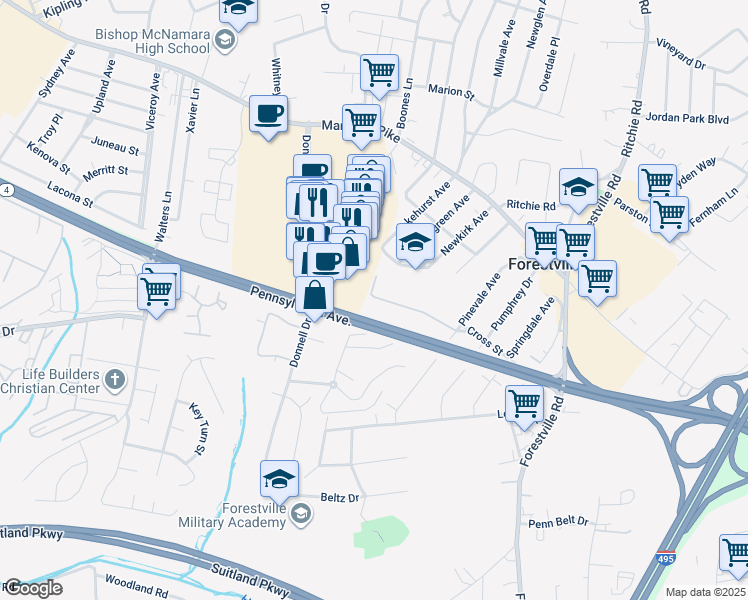map of restaurants, bars, coffee shops, grocery stores, and more near 7139 Cross Street in District Heights