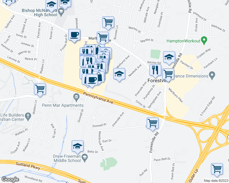map of restaurants, bars, coffee shops, grocery stores, and more near 7171 Cross Street in Forestville