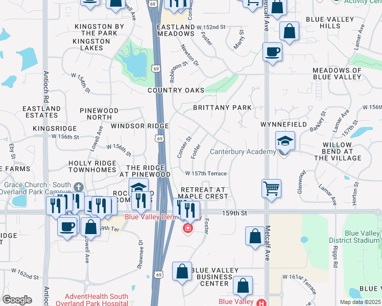 map of restaurants, bars, coffee shops, grocery stores, and more near 15636 Foster in Overland Park