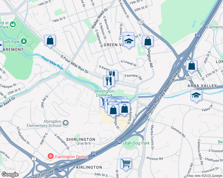 map of restaurants, bars, coffee shops, grocery stores, and more near 2701 South Oakland Street in Arlington