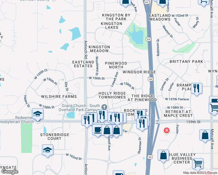 map of restaurants, bars, coffee shops, grocery stores, and more near 7903 West 156th Terrace in Overland Park