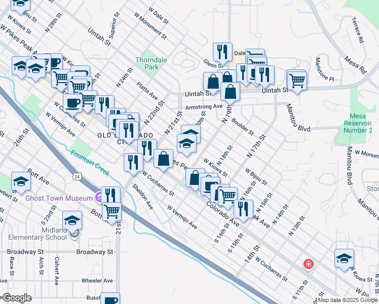 map of restaurants, bars, coffee shops, grocery stores, and more near 1920 West Pikes Peak Avenue in Colorado Springs