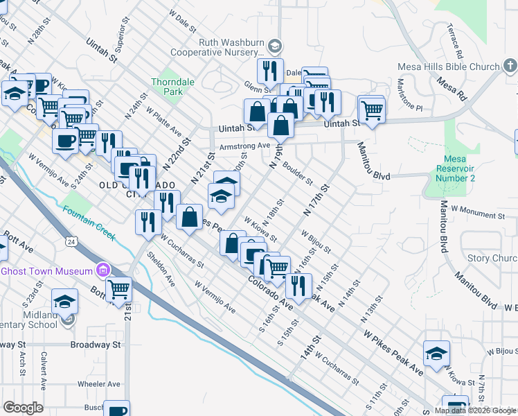 map of restaurants, bars, coffee shops, grocery stores, and more near 1829 West Bijou Street in Colorado Springs