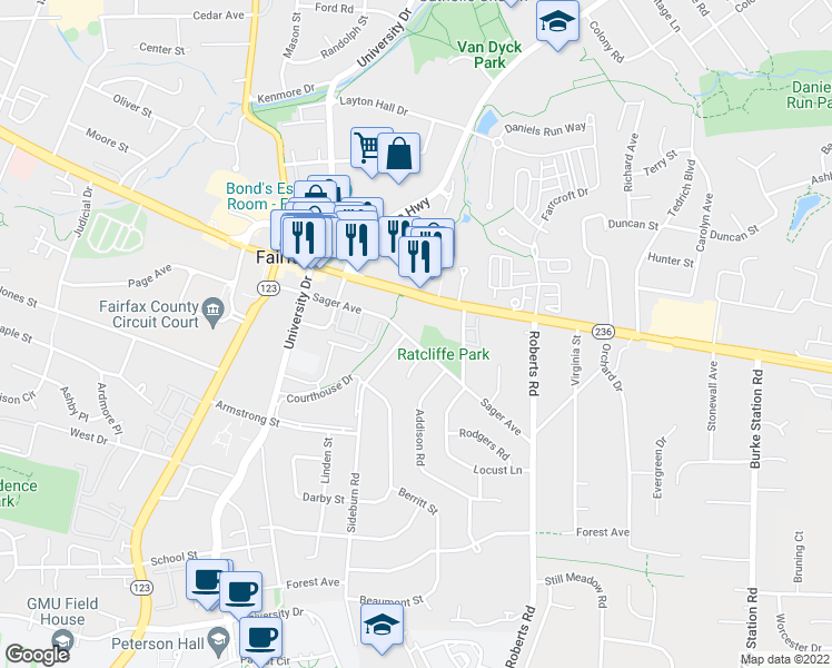map of restaurants, bars, coffee shops, grocery stores, and more near 10318 Sager Avenue in Fairfax