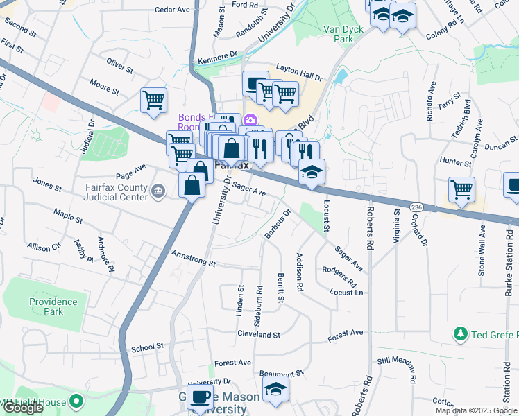 map of restaurants, bars, coffee shops, grocery stores, and more near 4107 Oxford Lane in Fairfax