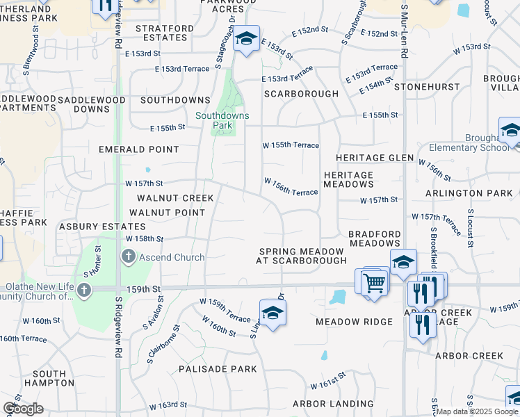 map of restaurants, bars, coffee shops, grocery stores, and more near 15688 South Downing Court in Olathe