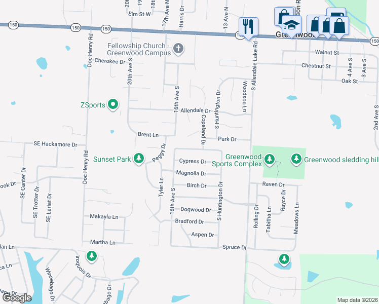 map of restaurants, bars, coffee shops, grocery stores, and more near 1405 Cottonwood Drive in Greenwood