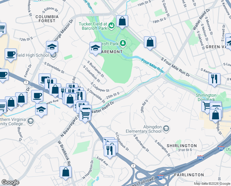 map of restaurants, bars, coffee shops, grocery stores, and more near 4923 25th Street South in Arlington