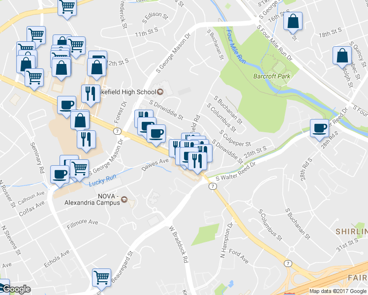 map of restaurants, bars, coffee shops, grocery stores, and more near 5055 South Chesterfield Road in Arlington