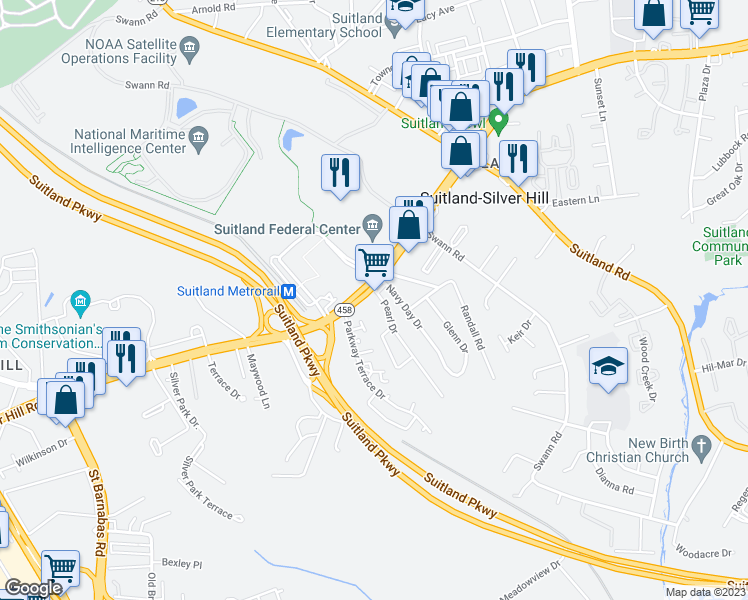 map of restaurants, bars, coffee shops, grocery stores, and more near 4523 Silver Hill Road in Hillcrest Heights