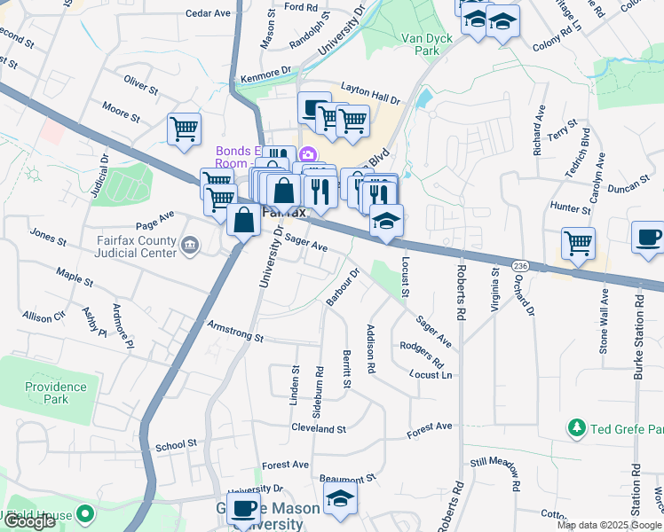 map of restaurants, bars, coffee shops, grocery stores, and more near 4110 Vanderbilt Court in Fairfax
