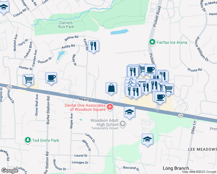 map of restaurants, bars, coffee shops, grocery stores, and more near 3949 Wilcoxson Drive in Fairfax