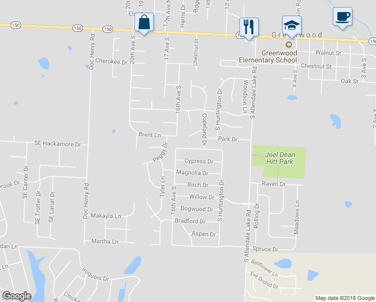 map of restaurants, bars, coffee shops, grocery stores, and more near 1407 Cottonwood Drive in Greenwood