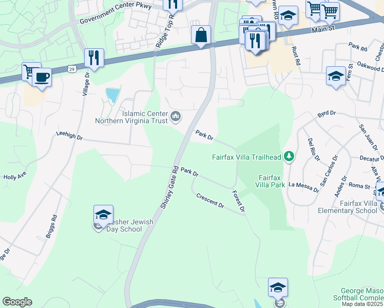map of restaurants, bars, coffee shops, grocery stores, and more near 4501 Shirley Gate Road in Fairfax