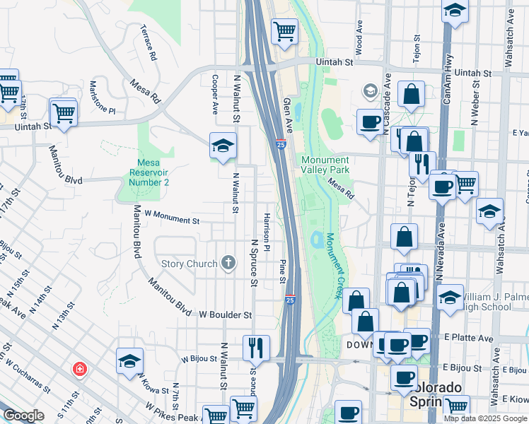 map of restaurants, bars, coffee shops, grocery stores, and more near 738 Harrison Place in Colorado Springs