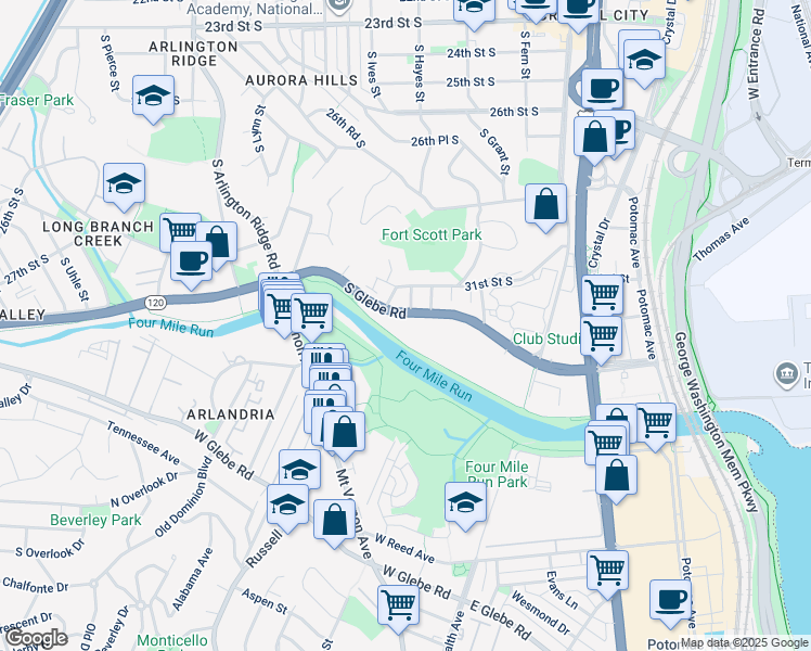 map of restaurants, bars, coffee shops, grocery stores, and more near 3324 South Glebe Road in Arlington