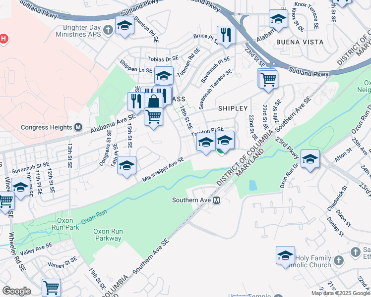 map of restaurants, bars, coffee shops, grocery stores, and more near 3512 Stanton Road Southeast in Washington