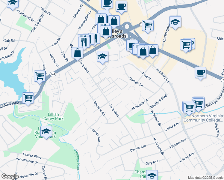 map of restaurants, bars, coffee shops, grocery stores, and more near 5804 Falls Gate Court in Falls Church