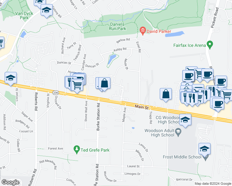 map of restaurants, bars, coffee shops, grocery stores, and more near 9826 Fairfax Square in Fairfax