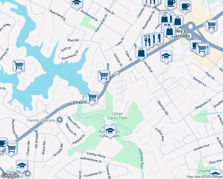 map of restaurants, bars, coffee shops, grocery stores, and more near 3693 Ambrose Hills Road in Falls Church