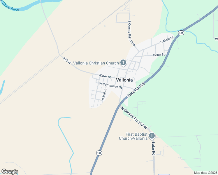 map of restaurants, bars, coffee shops, grocery stores, and more near 3337 West Commerce Street in Vallonia