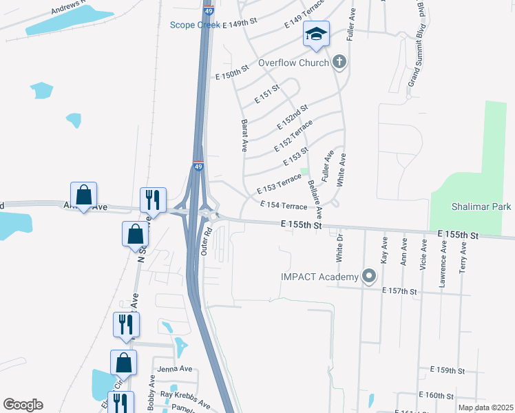 map of restaurants, bars, coffee shops, grocery stores, and more near 6005 East 154 Terrace in Grandview