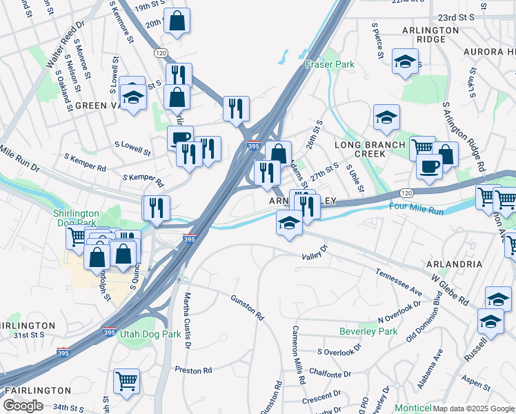 map of restaurants, bars, coffee shops, grocery stores, and more near 2729 South Cleveland Street in Arlington