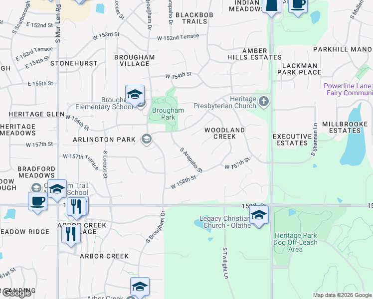 map of restaurants, bars, coffee shops, grocery stores, and more near 15529 South Arapaho Street in Olathe