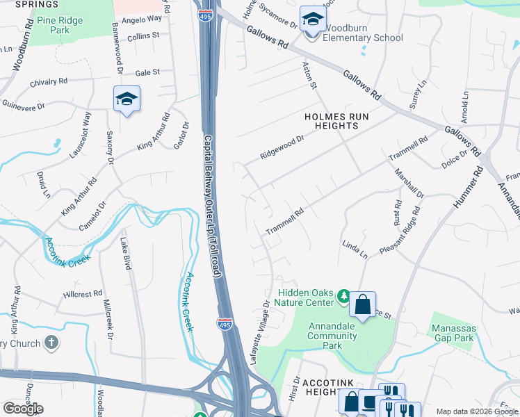 map of restaurants, bars, coffee shops, grocery stores, and more near 3508 Pence Court in Annandale