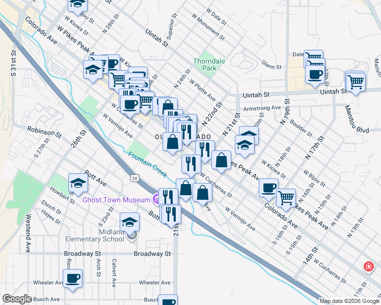 map of restaurants, bars, coffee shops, grocery stores, and more near 2117 Colorado Avenue in Colorado Springs