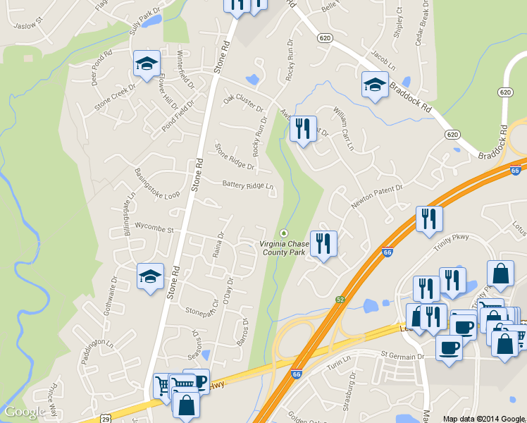 map of restaurants, bars, coffee shops, grocery stores, and more near 14568 Olde Kent Road in Centreville
